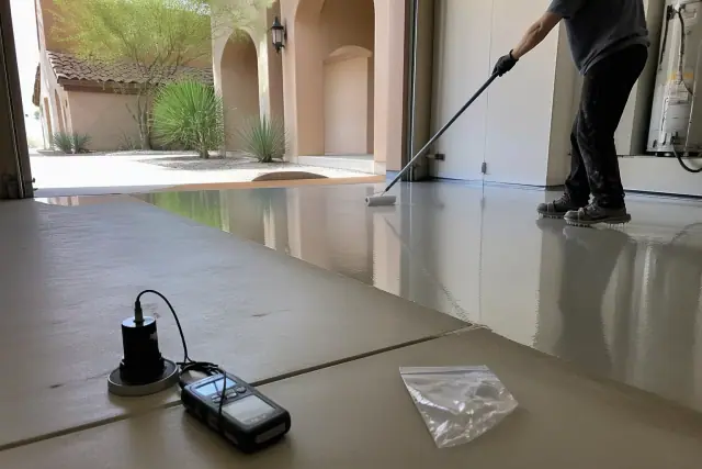 Technician performing moisture testing on a concrete slab at a residential worksite in Phoenix, AZ.
