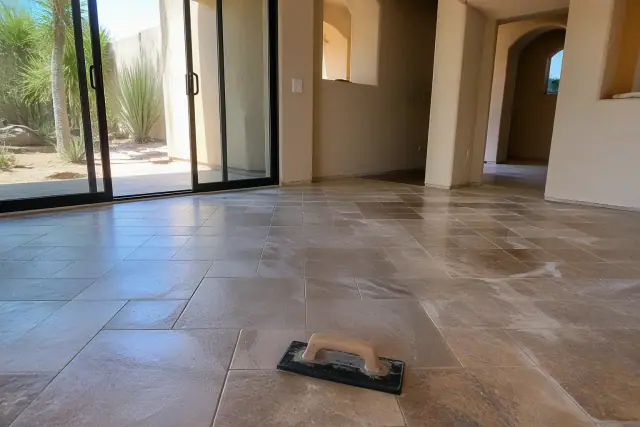 Natural stone and marble tile flooring with mortar haze during installation in a dining area in Phoenix, AZ.