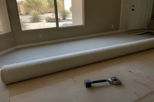 Plush nylon carpet installed over a subfloor in a Phoenix, AZ home with a carpet kicker tool nearby.
