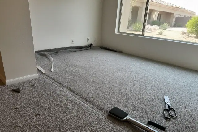 Polyester carpet installation with a knee kicker and shears in a residential living room in Phoenix, AZ.