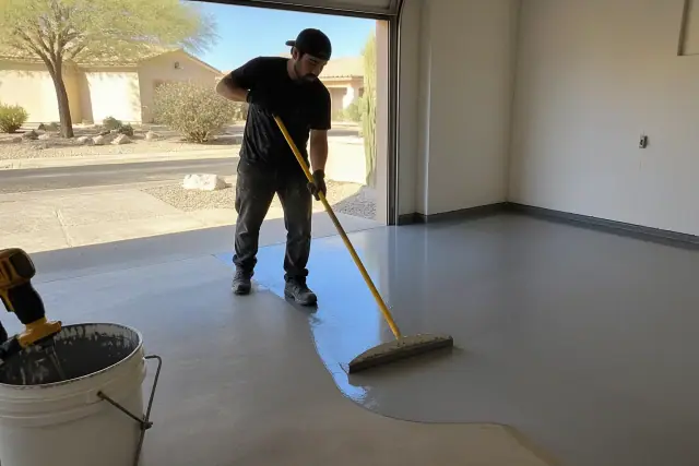 Contractor applying a matte polyurethane topcoat to a concrete garage floor in Phoenix, AZ.