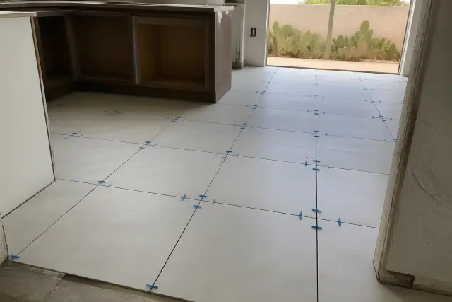 Ceramic tile flooring installation with plastic spacers on a kitchen floor in Phoenix, AZ, with cacti visible outside.