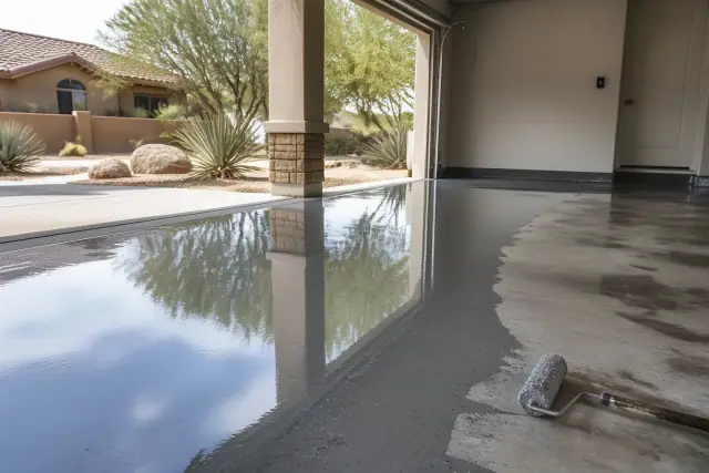 Professional applying glossy epoxy resin to a garage floor at a job site in Phoenix, AZ.