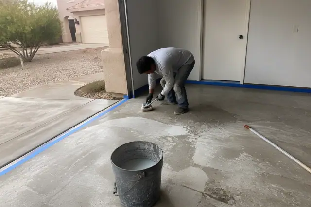 Concrete floor surface with masking tape and a mixing bucket during prep for epoxy coating at a home in Phoenix, AZ.