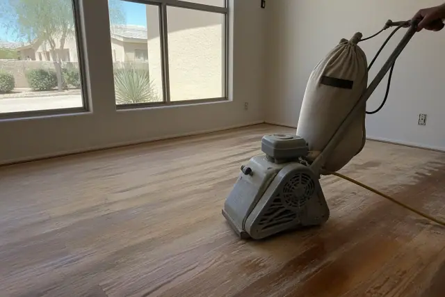 Industrial sander removing old finish from hardwood floors during a restoration project in Phoenix, AZ.