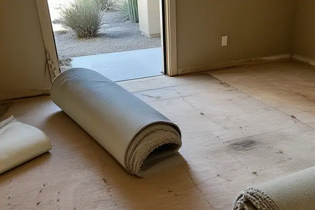 Technician removing old carpet to reveal the wooden subfloor during a residential installation in Phoenix, AZ.