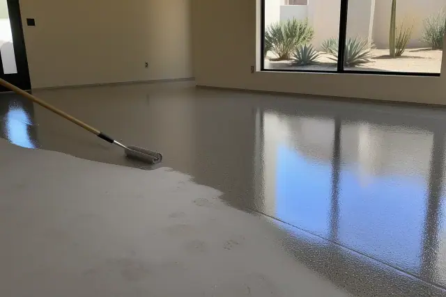 A high-gloss residential epoxy floor installation in Phoenix, AZ, with sunlight showing through a nearby window.