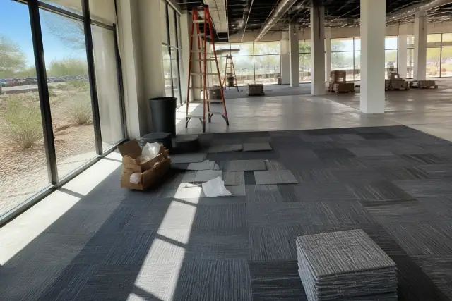Contractor photo of carpet tile installation in a commercial showroom during an interior renovation in Phoenix, AZ.