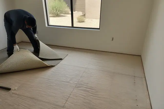 Technician preparing a wooden subfloor for new flooring installation in a Phoenix, AZ residence.