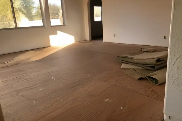 Technician removing old carpet to level a wooden subfloor during an installation project in Phoenix, AZ.