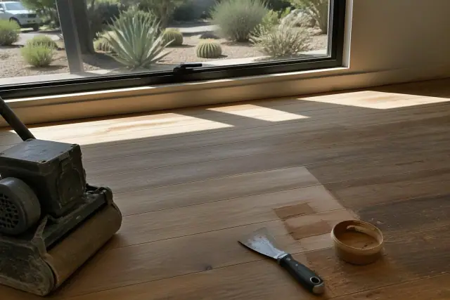 Wood filler and putty knife used for hardwood floor repair in a sunny Phoenix, AZ home.
