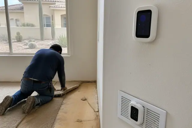Technician removing carpet to level a wooden subfloor in a Phoenix, AZ home with wall-mounted climate monitoring sensors.