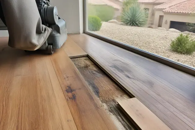 Damaged hardwood floor being sanded for patch repair in a Phoenix, AZ home.