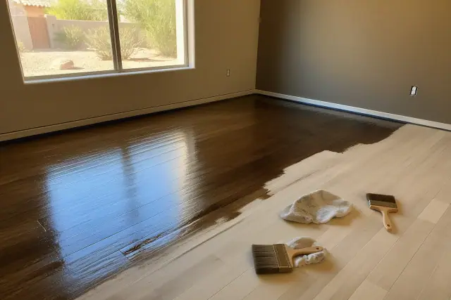 Staining and applying polyurethane finish to hardwood bedroom floors in Phoenix, AZ, with desert views through the window.