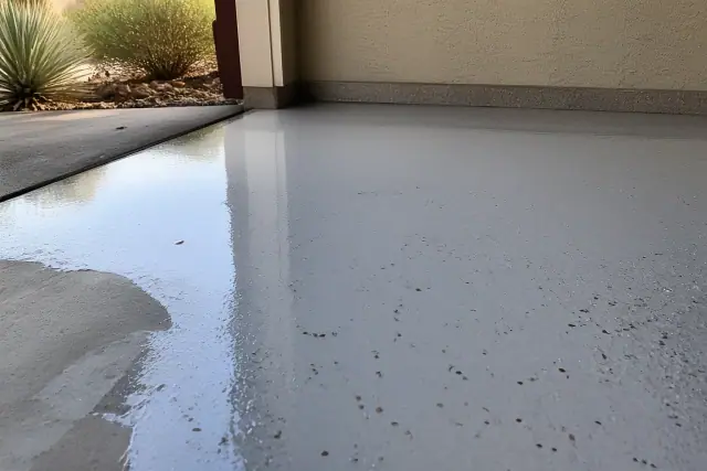 Freshly applied flake epoxy flooring on a garage concrete surface in Phoenix, AZ, with desert landscaping in the background.