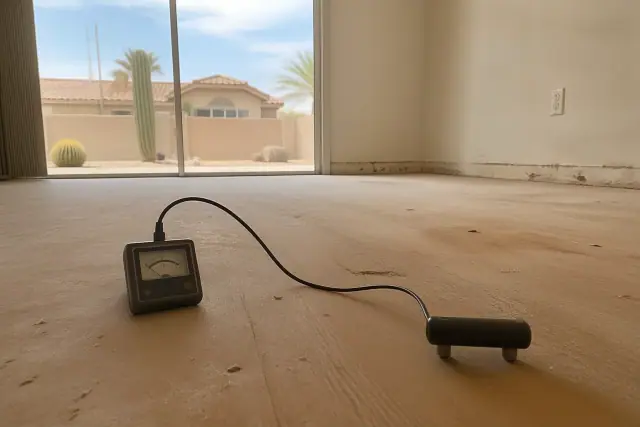 Moisture meter testing the wood subfloor in a home during renovation in Phoenix, AZ.