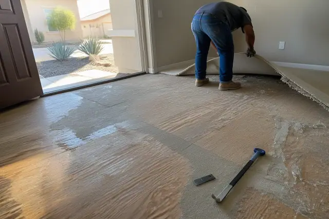 Technician removing carpet to level a wooden subfloor during a home renovation in Phoenix, AZ.