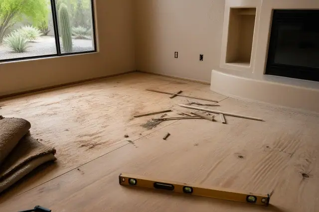 Technician leveling a wooden subfloor during a home renovation project in Phoenix, AZ.
