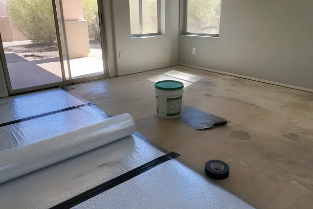 Contractor preparing a subfloor with moisture barrier and leveling compound in a Phoenix, AZ home.