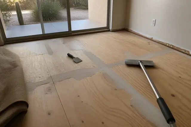 Technician prepping a wooden subfloor for carpet installation in Phoenix, AZ.