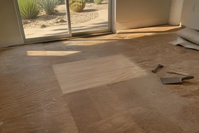 Technician patching a leveled wooden subfloor during a residential floor repair in Phoenix, AZ.