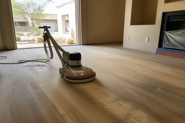 Industrial sander smoothing wood planks during a flooring restoration project in Phoenix, AZ.