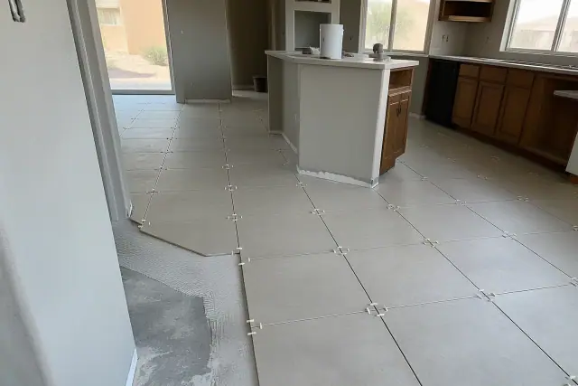 Tile spacers placed between new ceramic tiles during a kitchen floor repair in Phoenix, AZ.