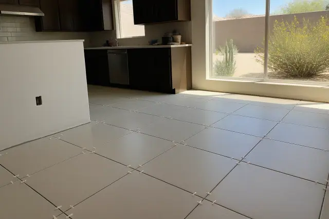 Ceramic tiles with spacers being installed on a kitchen floor in Chandler, AZ.