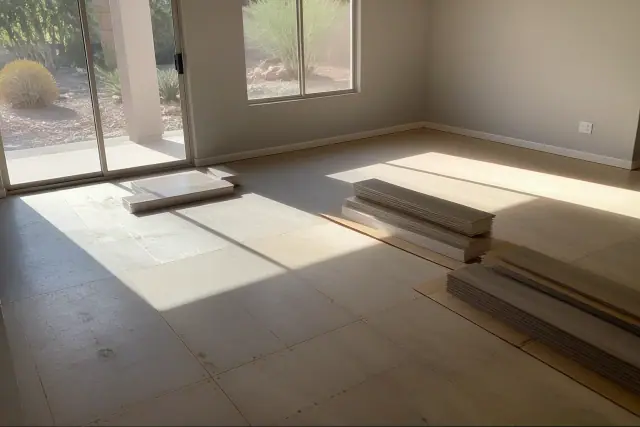 Traditional HDF laminate flooring staged for installation on a leveled subfloor in a Phoenix, AZ home.