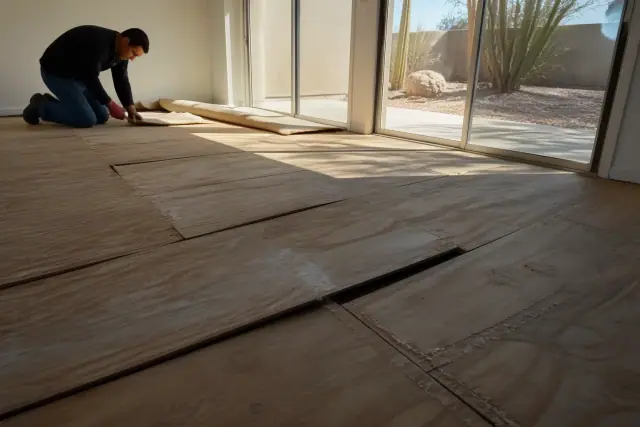 Uneven wooden subfloor with dips and gaps revealed under carpeting in a Phoenix, AZ home.