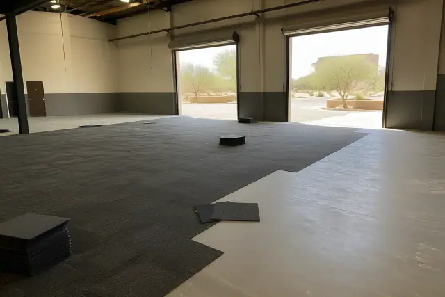 Carpet tile installation in an industrial warehouse workspace during a flooring renovation in Phoenix, AZ.