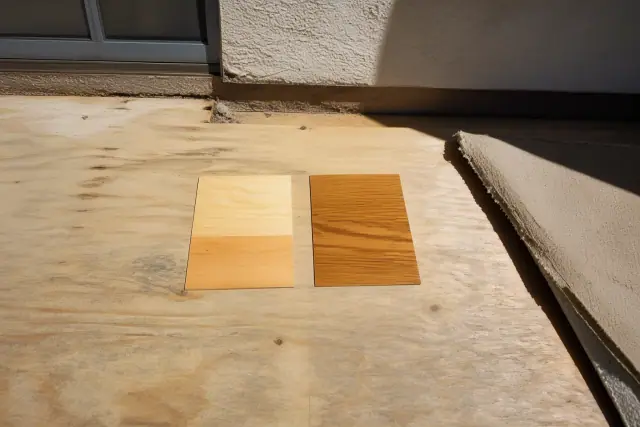 Water-based and oil-based finish samples on a wooden subfloor during a flooring project in Phoenix, AZ.