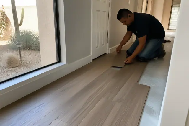 A contractor installs luxury vinyl planks in a Phoenix, AZ corridor with sunlight and desert landscaping visible nearby.