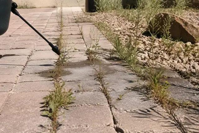 Weed treatment application on stone pavers in Phoenix, AZ.