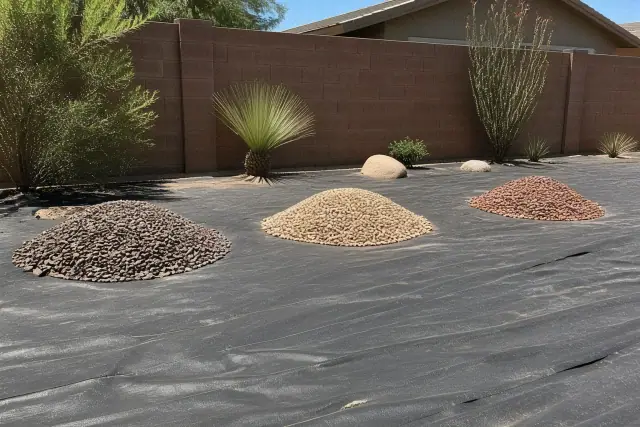 Apache Brown, Madison Gold, and Red Rock landscaping installation in a Phoenix, AZ yard with creosote bushes.