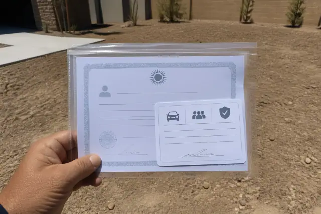 License and insurance documents held over bare soil at a job site in Phoenix, AZ.