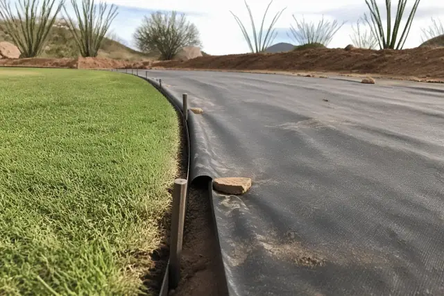 Green Bermuda turf next to a gravel bed with steel edging in a residential yard in Phoenix, AZ.