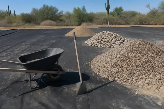 Piles of decorative rock and tools staged on weed barrier fabric at a landscaping jobsite in Phoenix, AZ.