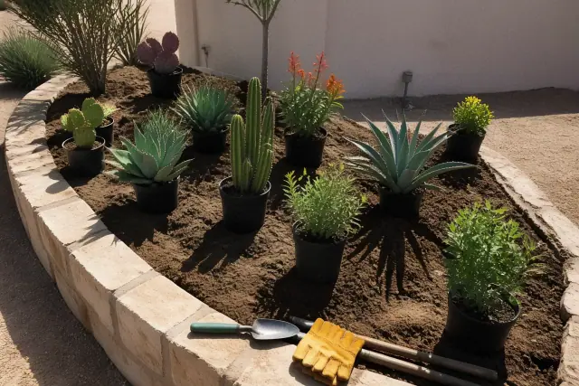 Cactus and succulent plants arranged in nursery pots on a soil bed for planting in Phoenix, AZ.