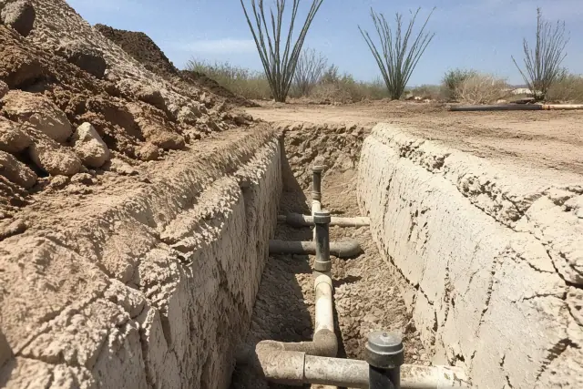 Exposed irrigation pipes and dense caliche soil layers in an open trench at a jobsite in Phoenix, AZ.