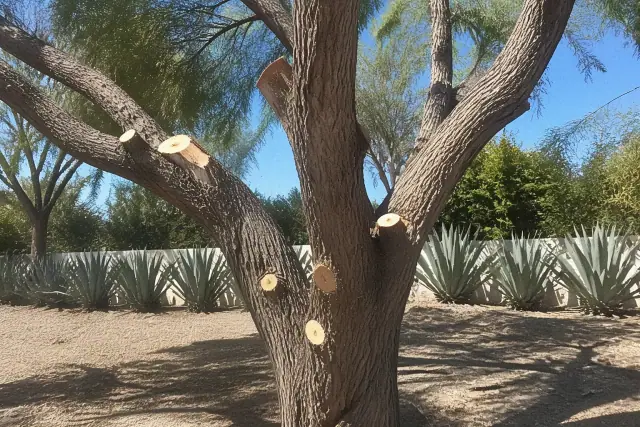A tall tree trunk with pruned branches and agave plants in the desert soil in Phoenix, AZ.