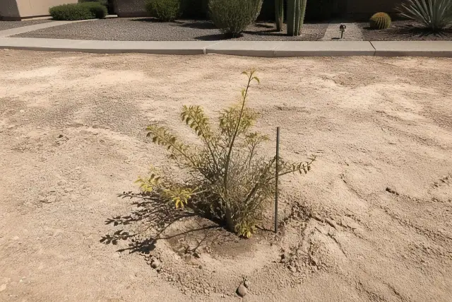 Chlorosis visible in sun-bleached caliche soil at a landscaping jobsite in Phoenix, AZ.