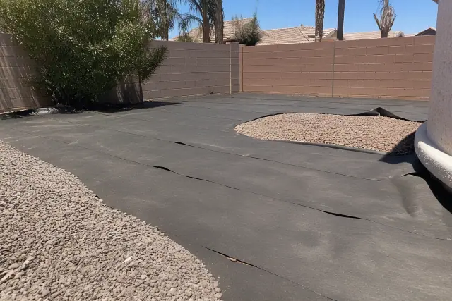 Weed barrier fabric and crushed granite for a desert landscaping project in Phoenix, AZ.