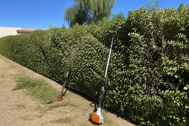 Hedge trimmers resting against an untrimmed desert shrub row during landscaping work in Phoenix, AZ.