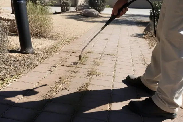 Technician using a handheld spray wand on weeds between stones in a Phoenix, AZ landscape.