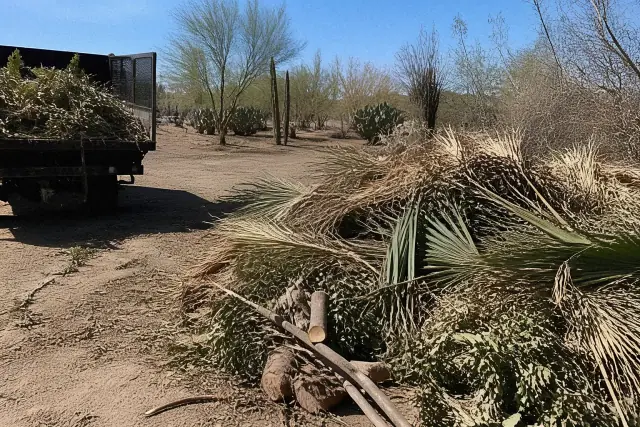 Piles of garden debris and trimmed palm fronds near a truck bed during a commercial yard cleanup in Phoenix, AZ.