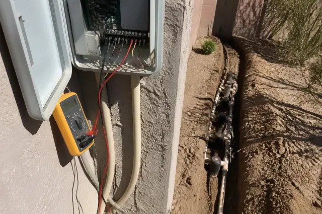 Multimeter connected to an open irrigation controller during a repair in a trench in Phoenix, AZ.