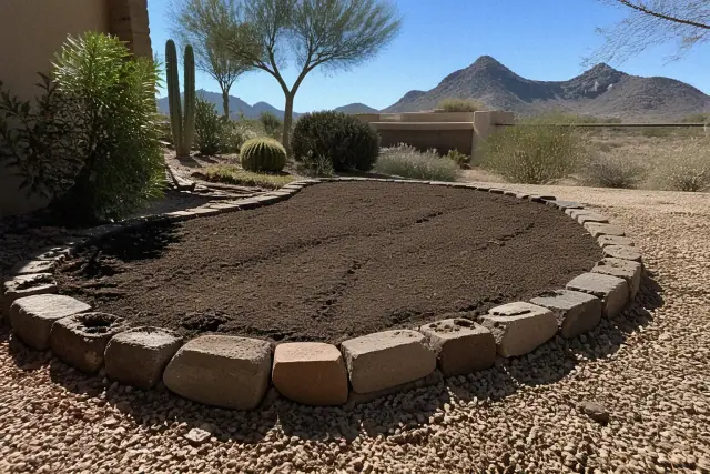 Prepared soil bed with stone edging for a landscape project in Phoenix, AZ, featuring desert mountains in the background.