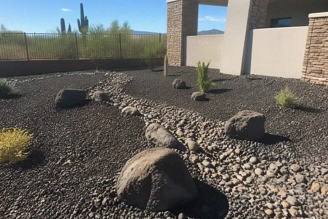 Dark volcanic rock and decorative stone landscaping installed in a Phoenix, AZ yard with a saguaro cactus in the background.