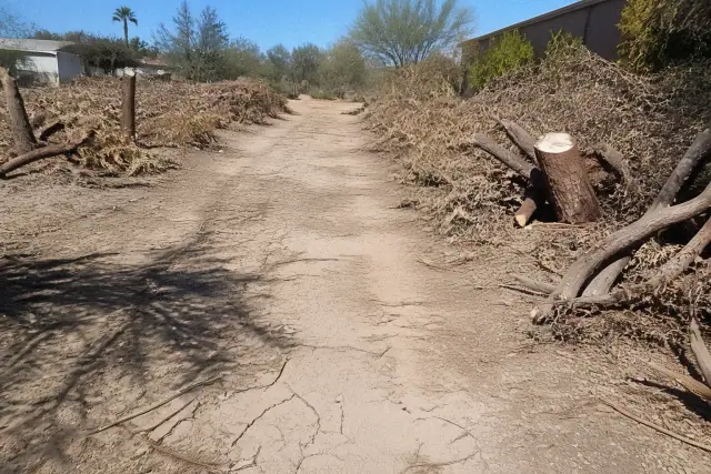 A clear access path through a debris-covered yard with organic waste and cracked soil in Phoenix, AZ.